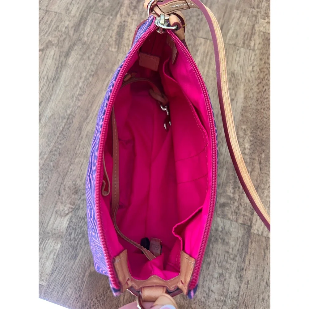 Dooney & Bourke Doodle Print Canvas Small Shoulder Bag Purple Pink Vachetta Trim
